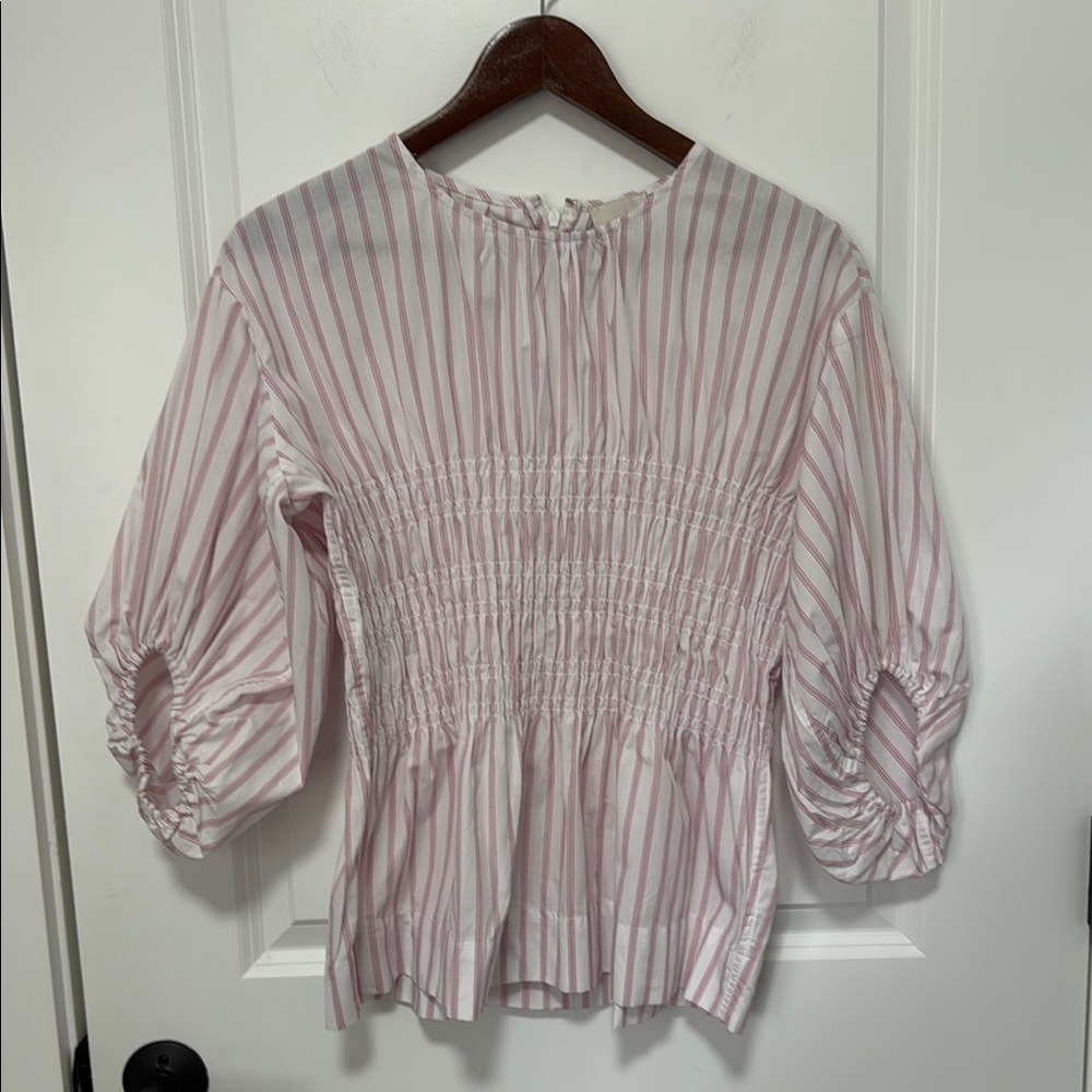 Industry Women’s white red striped Quarter Length Sleeve Round Neck Blouse Sz S